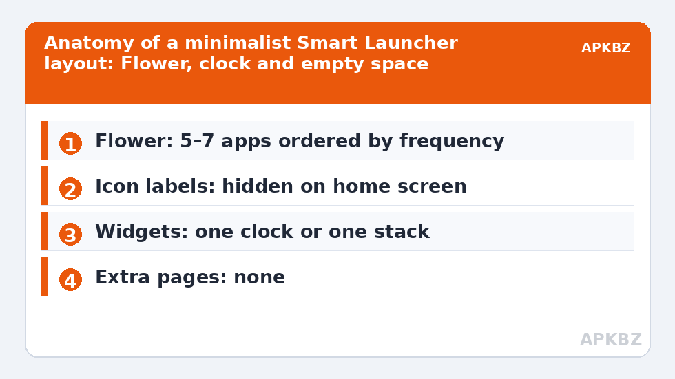 Anatomy of a minimalist Smart Launcher layout: Flower, clock and empty space