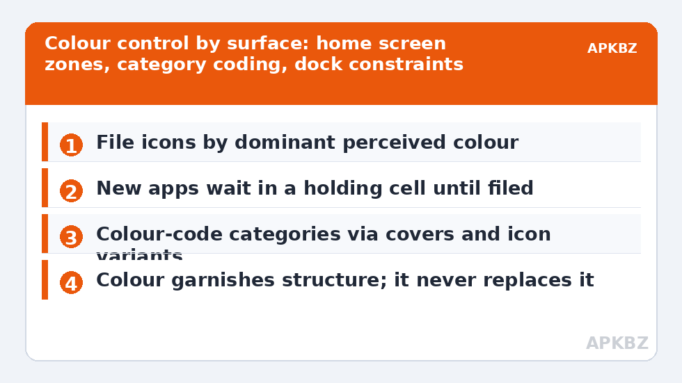 Colour control by surface: home screen zones, category coding, dock constraints